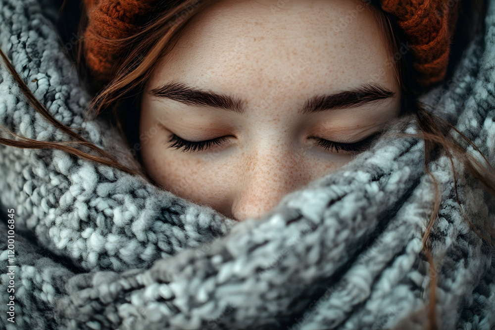Cozy portrait of a person wrapped in a warm scarf, exuding comfort and relaxation Cozy portrait of a person wrapped in a warm scarf, exuding comfort and relaxation