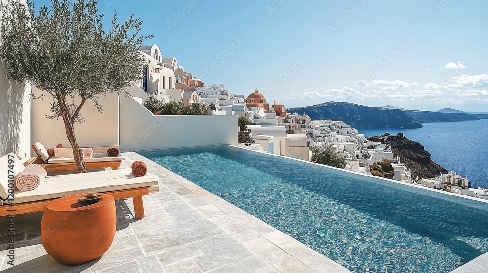 Naklejka premium Luxury infinity pool overlooks the stunning landscape of Santorini under clear blue skies