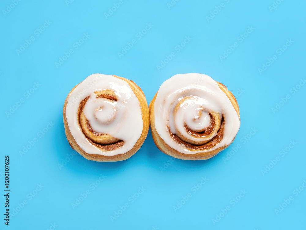 Enjoying freshly baked cinnamon rolls topped with creamy icing against a vibrant blue background, perfect for a sweet treat or breakfast delight any time of day Enjoying freshly baked cinnamon rolls topped with creamy icing against a vibrant blue background, perfect for a sweet treat or breakfast delight any time of day