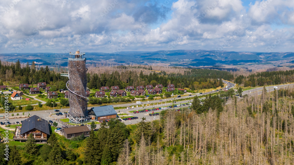Aerial view of Harzturm, observation tower in Torfhaus in the Harz Mountains, Germany
