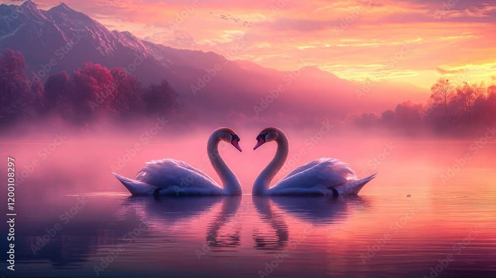 Fototapeta premium Two elegant swans form a heart shape in a tranquil lake, surrounded by mist and vibrant sunset colors, creating a romantic and serene atmosphere.