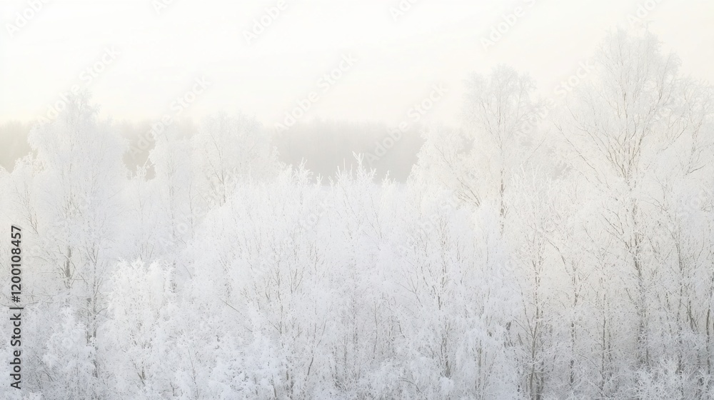 Frosty winter forest scene with snow-covered trees and misty background. Frosty winter forest scene with snow-covered trees and misty background.