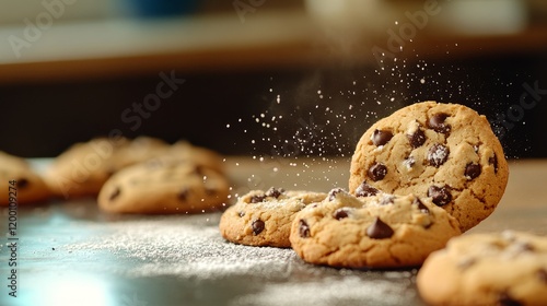 Homemade Chocolate Chip Cookies Cooling on Counter - Warm, freshly baked chocolate chip cookies cooling on a kitchen counter, sprinkled with powdered sugar.  Symbolizing home baking, comfort, sweetnes photo