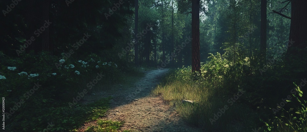 Fototapeta premium Sunlight filters through trees along a tranquil forest path inviting peaceful exploration