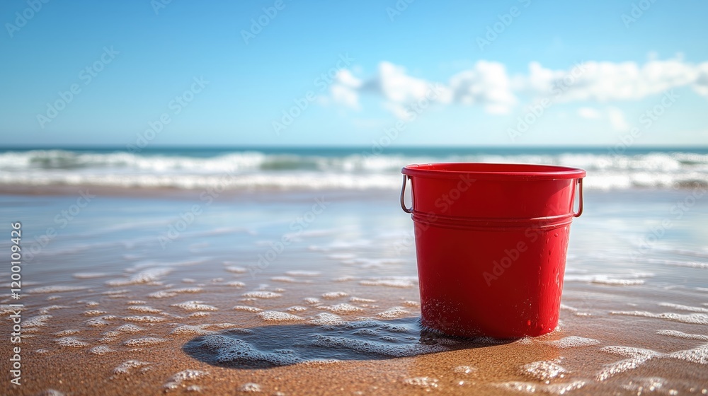 Bright red bucket rests on sandy beach next to gentle waves under clear blue sky
