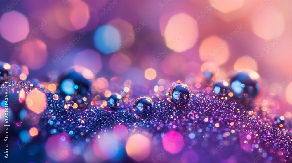 Sparkling water droplets on glittery surface with bokeh lights.