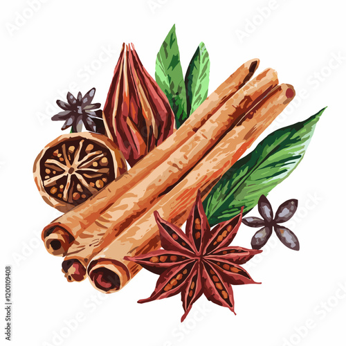 Watercolor Illustration of Aromatic Spices and Herbs