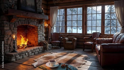Wallpaper Mural Interior of a cozy room in a country house in a rustic style, decorated with wood with a burning fireplace. Outside the windows is a snowy winter landscape with falling snowflakes. Looping video Torontodigital.ca