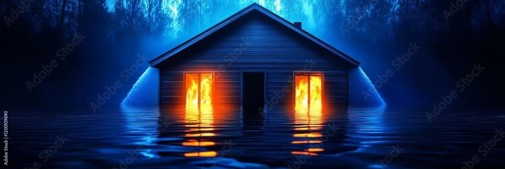 Fototapeta premium House Flooded at Night - A small wooden house is partially submerged in dark blue water at night, with flames visible inside the windows.