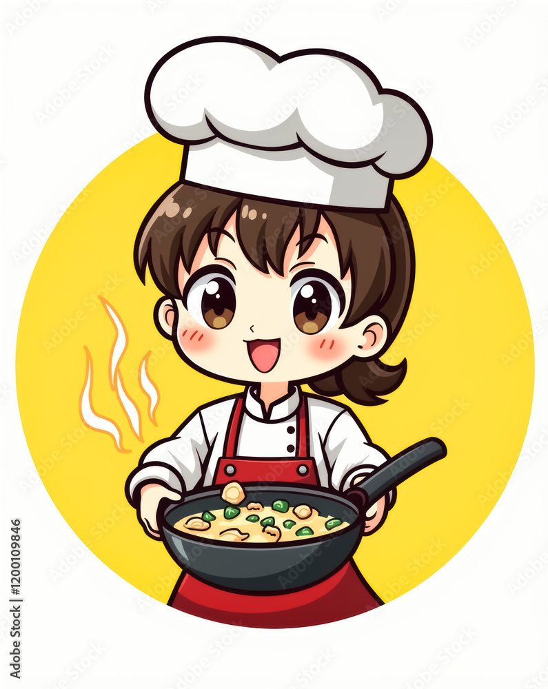 happy cartoon chef girl presenting a wok of delicious stir-fry happy cartoon chef girl presenting a wok of delicious stir-fry