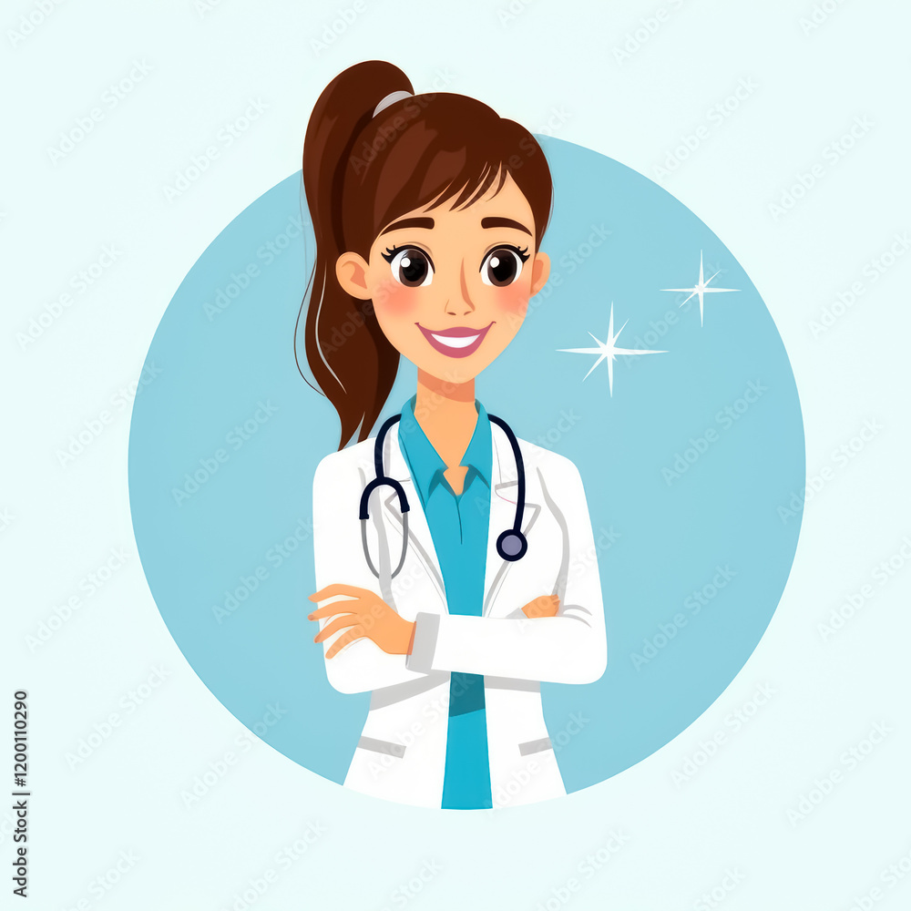 confident female doctor in a white coat and light blue top with a stethoscope smiling. confident female doctor in a white coat and light blue top with a stethoscope smiling.
