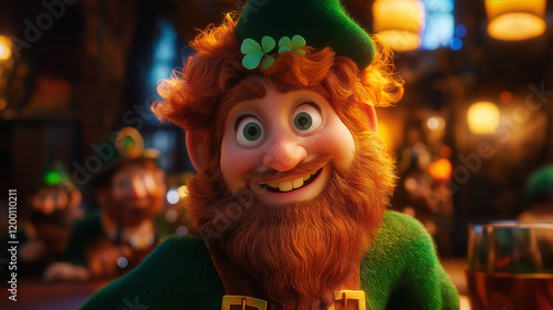 Smiling leprechaun with red hair in a festive pub setting. St. Patrick's Day magical scene photo