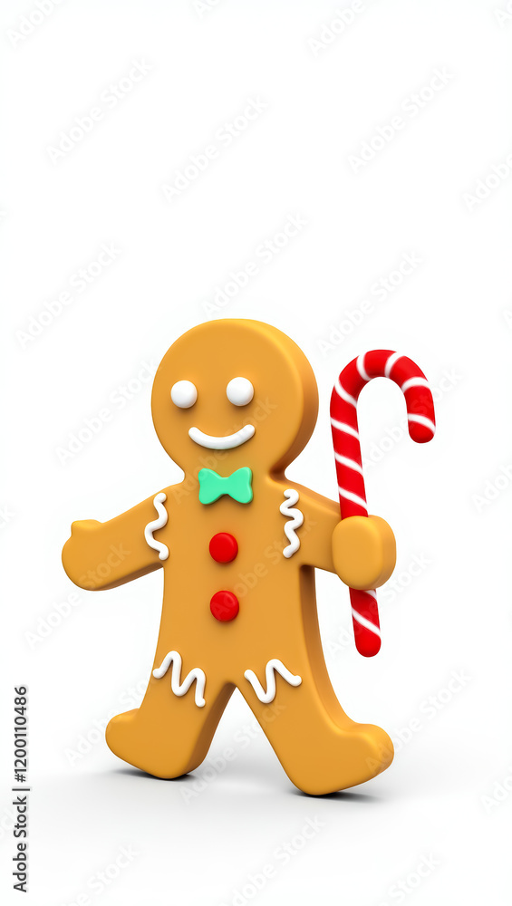 smiling gingerbread man holding a candy cane smiling gingerbread man holding a candy cane