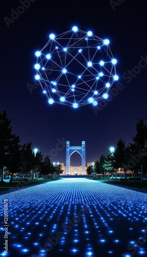 Golestan Palace Adorned With A Blue Network Of Lights. Illuminating The Night, Tehran, Iran photo