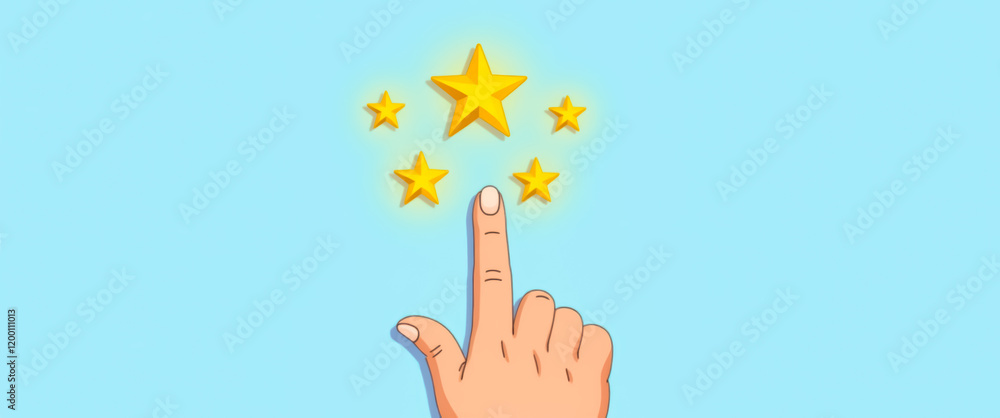 hand pointing at five golden stars signifying top rating or excellent feedback hand pointing at five golden stars signifying top rating or excellent feedback