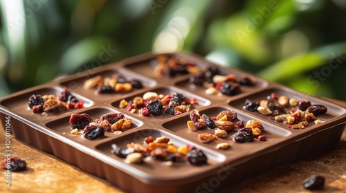 Close-up of milk chocolate mold topped with dried fruits and nuts among tropical plants photo