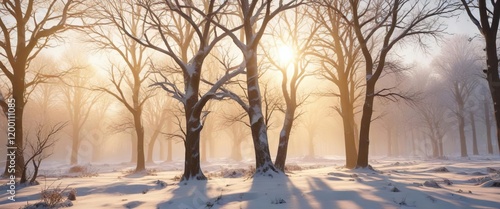 Snow-covered tree branches stretching towards the sun like nature's own cathedral, bathed in warm golden light and frosty mist , frost, sunlight photo