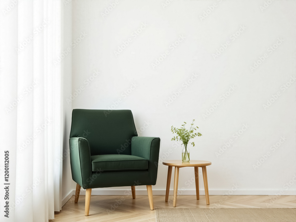 Fototapeta premium elegant dark green velvet armchair in minimalist interior setting