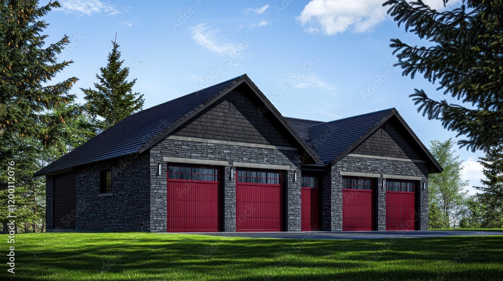 A bold 3-car garage with deep red steel doors, dark gray stone walls, and a black shingle roof A bold 3-car garage with deep red steel doors, dark gray stone walls, and a black shingle roof