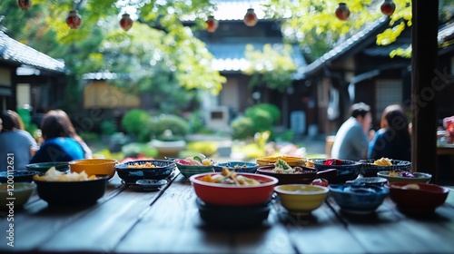 Wallpaper Mural Colorful dishes on wooden table, people dining outdoors in a Japanese garden. Torontodigital.ca