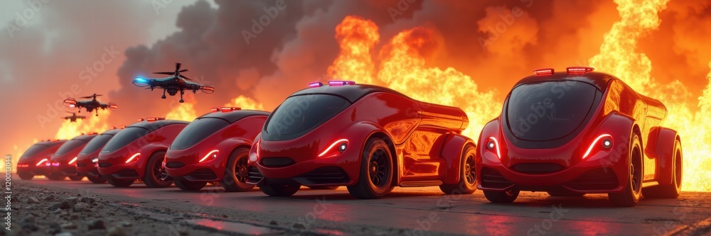 Naklejka premium Futuristic red autonomous vehicles lined up against a fiery backdrop, showcasing advanced technology and firefighting capabilities in a dramatic, cinematic setting.