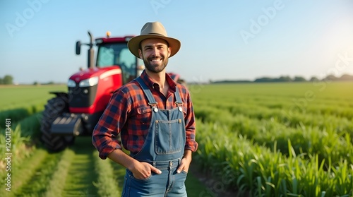 Confident Farmer Smiling in Rural Landscape with Modern Agricultural Tractor