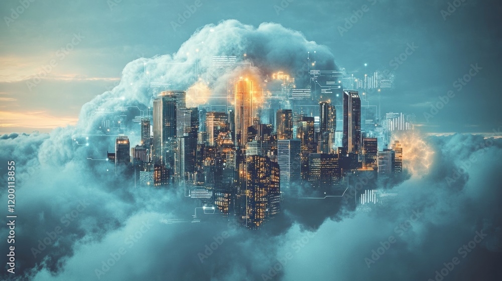 A conceptual representation of cloud computing as a city floating in the clouds, with data streams flowing between buildings, steampunk style