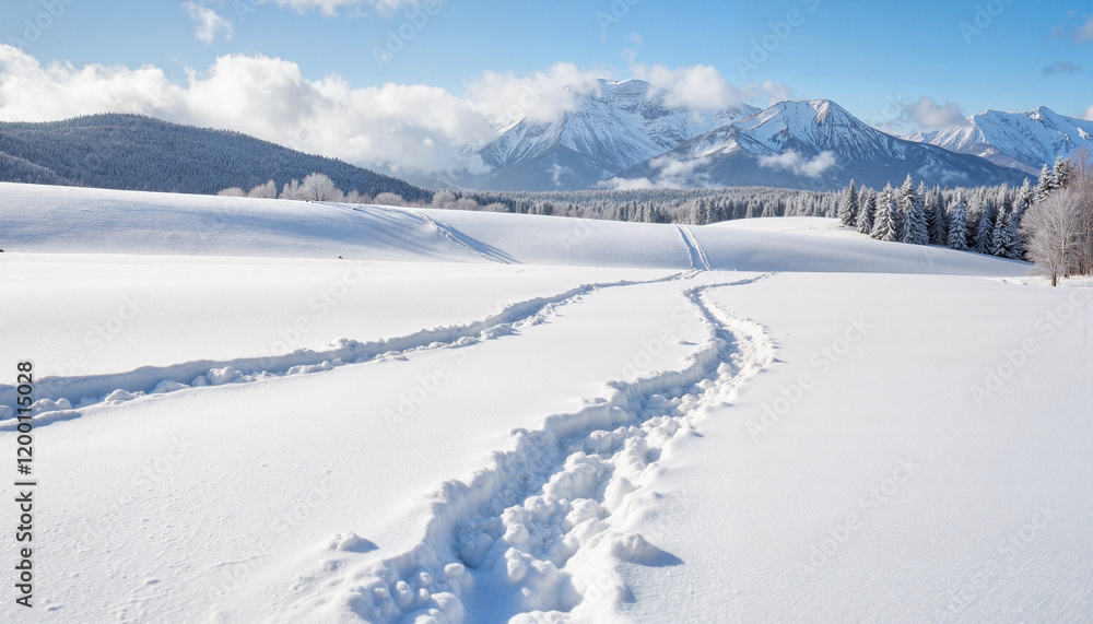 Snowy winter landscape with trails in open field, serene tranquility Snowy winter landscape with trails in open field, serene tranquility