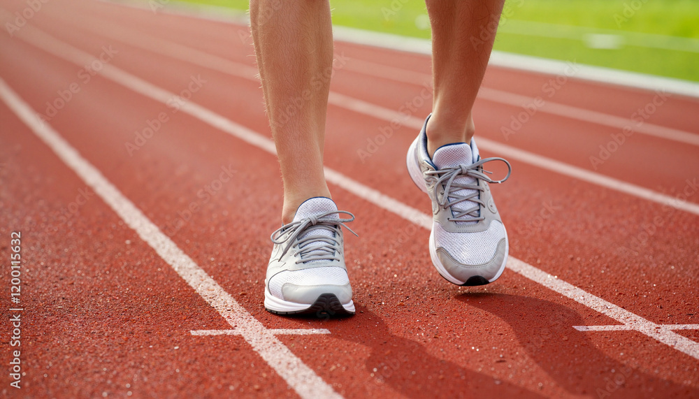 Person running on a track in athletic shoes, fitness motivation Person running on a track in athletic shoes, fitness motivation
