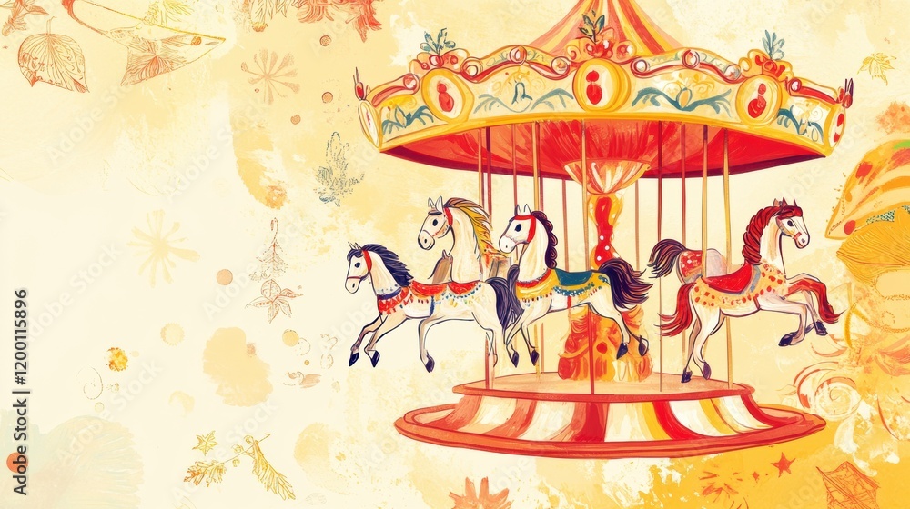 Fototapeta premium Colorful carousel with horses spinning gracefully in a whimsical amusement park setting during a sunny day. Generative AI