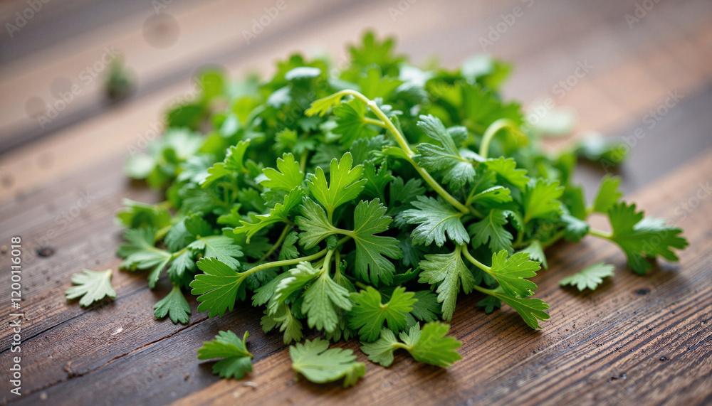 Chopped parsley on wooden table, vibrant culinary freshness Chopped parsley on wooden table, vibrant culinary freshness