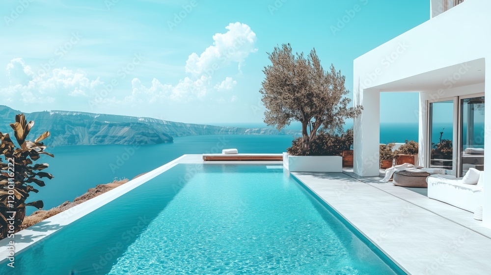 Fototapeta premium Luxurious villa with infinity pool overlooking the sea in Santorini during a sunny day