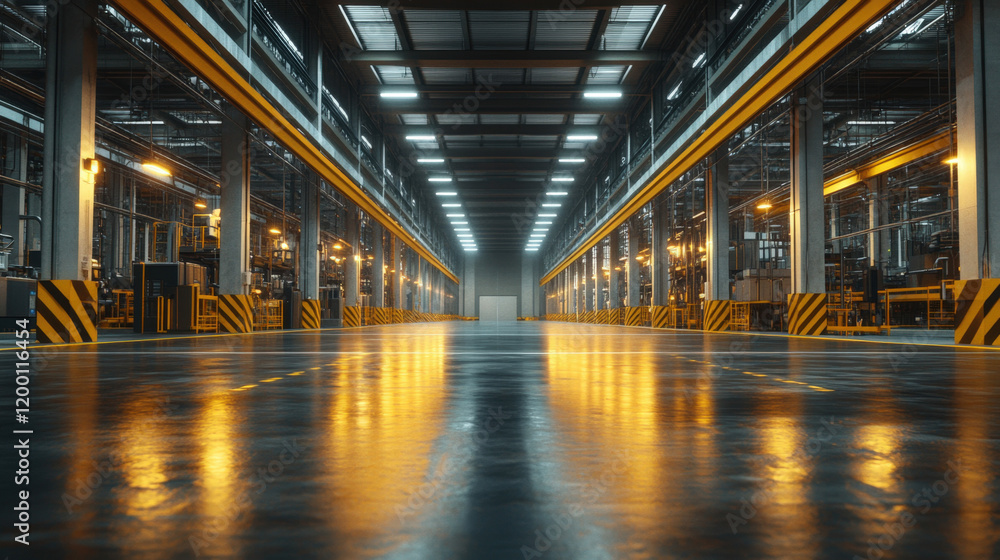 Large industrial warehouse interior with polished floor and bright lighting showcases advanced manufacturing capabilities and modern design elements Large industrial warehouse interior with polished floor and bright lighting showcases advanced manufacturing capabilities and modern design elements