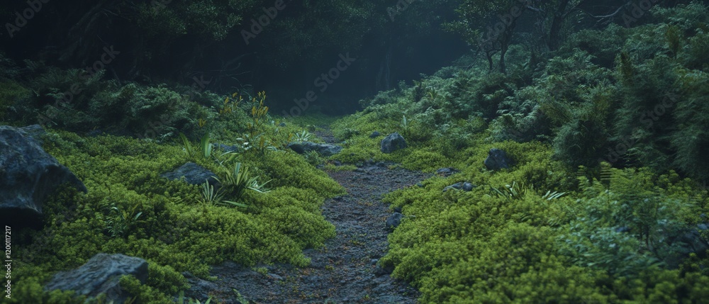 Soft moss covering the forest floor creates a peaceful, velvety atmosphere in nature Soft moss covering the forest floor creates a peaceful, velvety atmosphere in nature