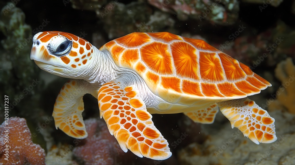 Young Hawksbill Sea Turtle with Distinct Orange Markings, Swimming in Tropical Coral Reef Young Hawksbill Sea Turtle with Distinct Orange Markings, Swimming in Tropical Coral Reef