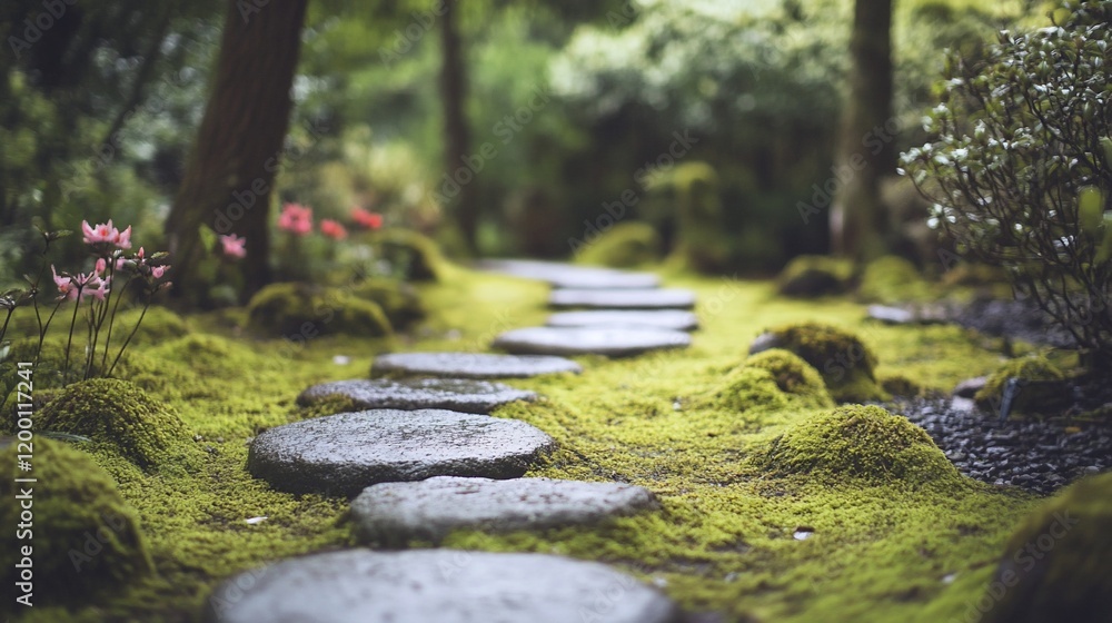 Serene stepping stones path through lush green moss garden. Serene stepping stones path through lush green moss garden.