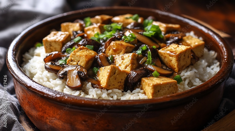Clay pot of braised tofu mushrooms in a savory soybased sauce served with rice Clay pot of braised tofu mushrooms in a savory soybased sauce served with rice