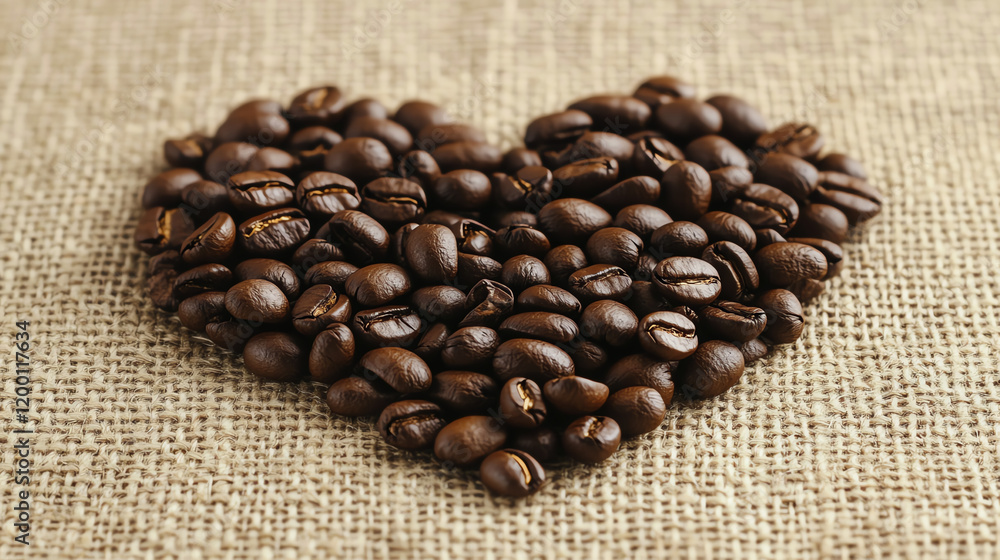 Coffee beans arranged into a heart shape on burlap fabric, coffee love art, rustic and heartfelt Coffee beans arranged into a heart shape on burlap fabric, coffee love art, rustic and heartfelt