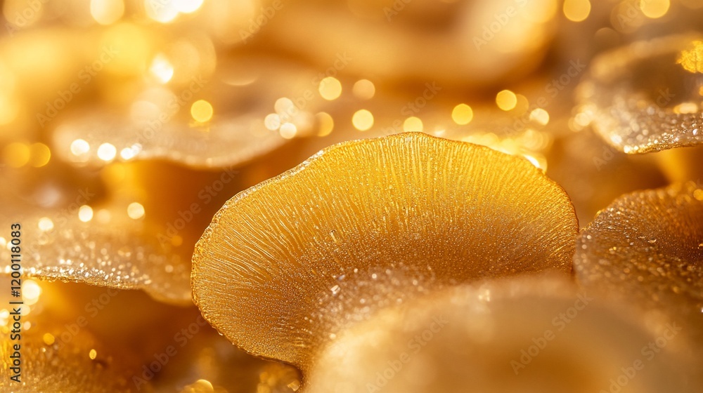 Fototapeta premium Close-up of golden mushrooms with dew drops in sunlight.