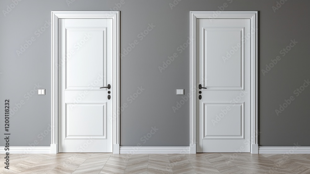 Elegant modern doors against a gray wall in a minimalist interior setting Elegant modern doors against a gray wall in a minimalist interior setting