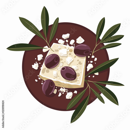 Crumbled Feta Cheese with Olives and Olive Leaves