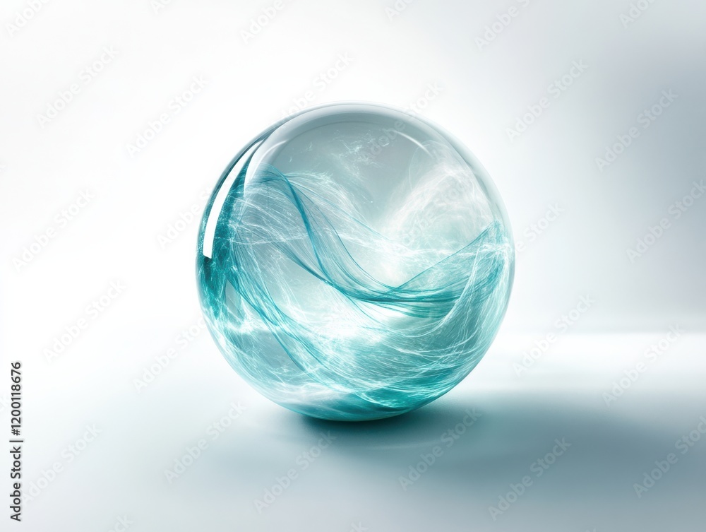 A transparent sphere with embedded organic patterns and swirling filaments, floating elegantly, highlighted with subtle blue-green light accents