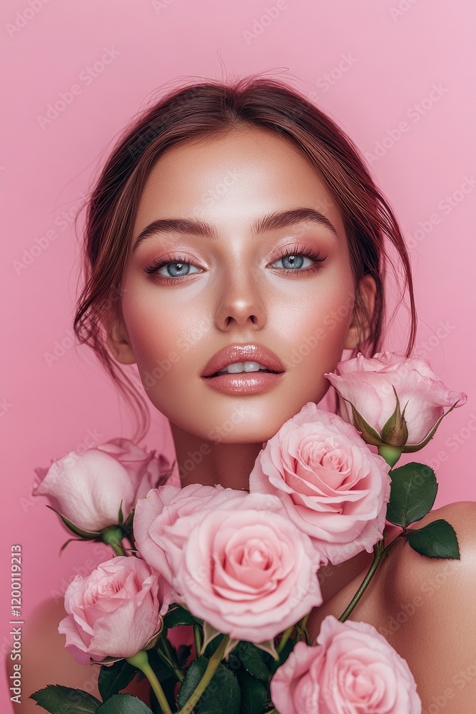 A beautiful woman with roses, against a pink background A beautiful woman with roses, against a pink background