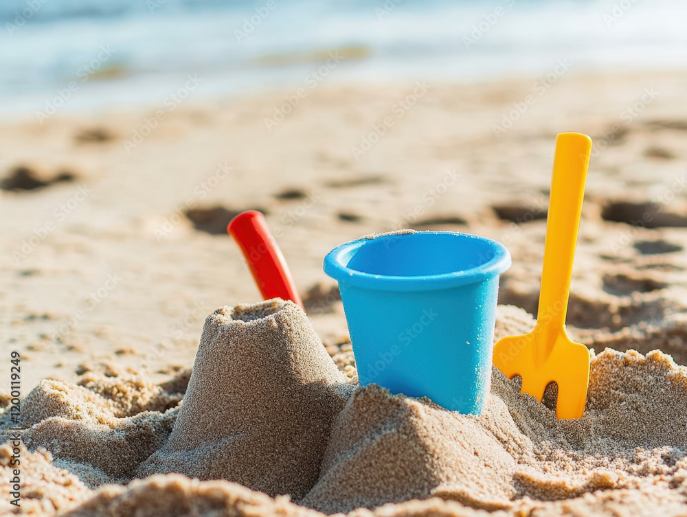 Colorful sandcastle tools create a joyful beach scene during a sunny day, capturing the essence of childhood summer fun and creativity by the ocean shore Colorful sandcastle tools create a joyful beach scene during a sunny day, capturing the essence of childhood summer fun and creativity by the ocean shore