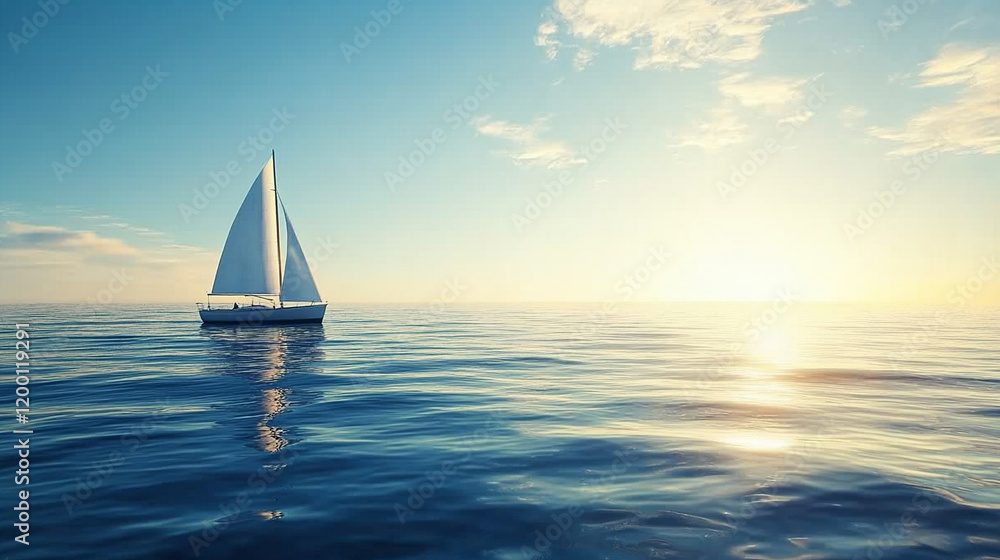 Obraz premium A minimalist sailboat glides on calm sea symbolizing serenity and simplicity under an expansive sky modern blurred empty space evokes tranquility freedom and a contrast to chaos inspiring peaceful ref