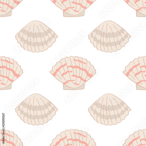 A cute seamless pattern with beige and pink sea shells. A fun holiday print. Banner, background, wrapping paper, packaging, fabric, notebook cover.