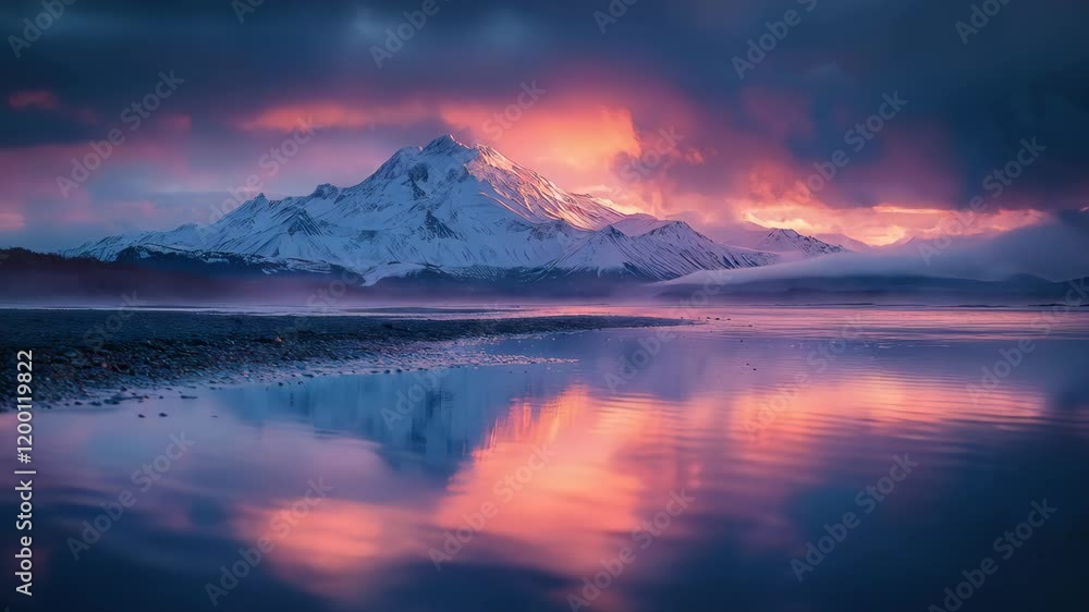 A stunning sunset over snow-capped mountains reflecting on a calm lake, showcasing the beauty of nature. A stunning sunset over snow-capped mountains reflecting on a calm lake, showcasing the beauty of nature.