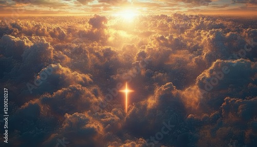 A cross in the sky, surrounded by clouds with rays of sunlight shining through, symbolizing hope and divine presence photo