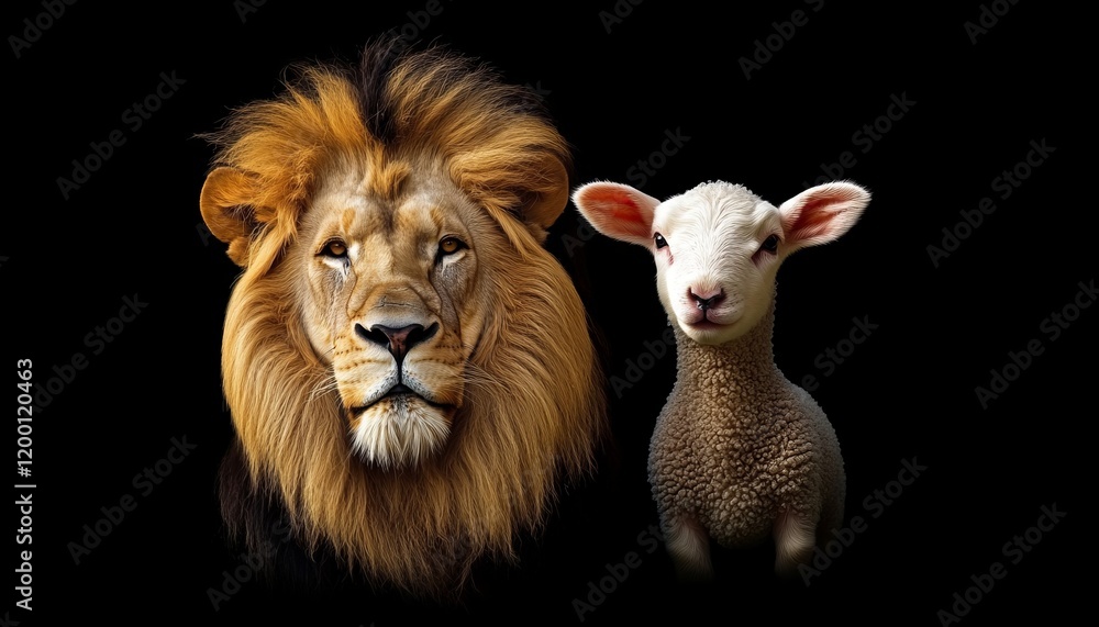 Lion and Lamb Studio Portraits Symbolic Representation of Peace, Harmony, Strength on Black Lion and Lamb Studio Portraits Symbolic Representation of Peace, Harmony, Strength on Black