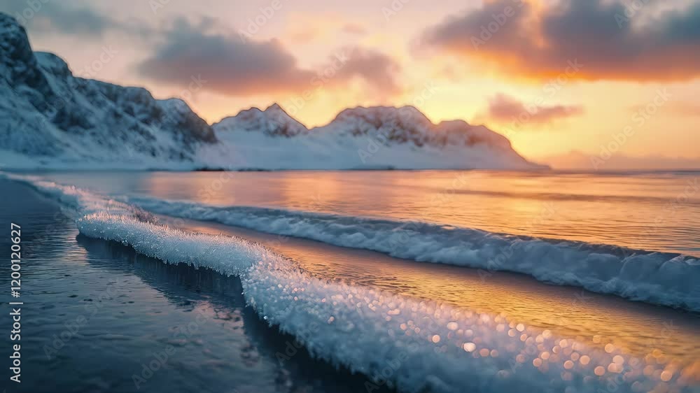 A serene winter sunset over a snowy mountain landscape, reflecting on tranquil waters in a coastal setting. A serene winter sunset over a snowy mountain landscape, reflecting on tranquil waters in a coastal setting.